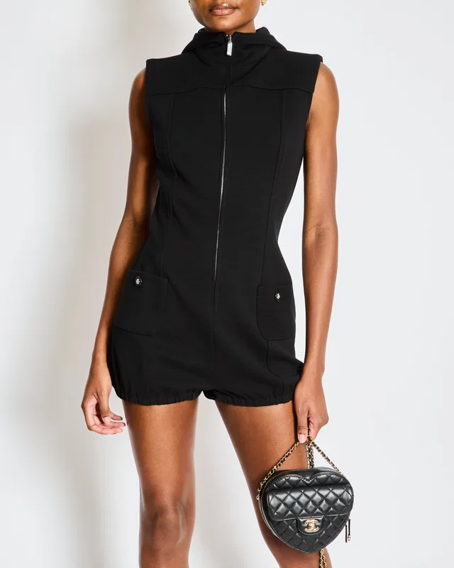 Chanel Black Hooded Sleeveless Playsuit with Floral Buttons Size FR 38 (UK 10) in Black Wool from Sellier