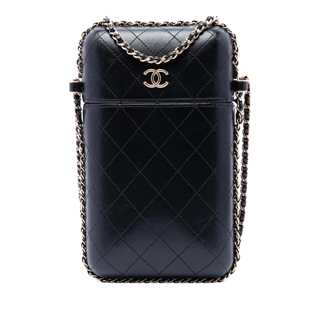 Black Chanel CC Quilted Lambskin Chain Around Phone Holder Crossbody Bag in Black Lambskin from Designer Revival