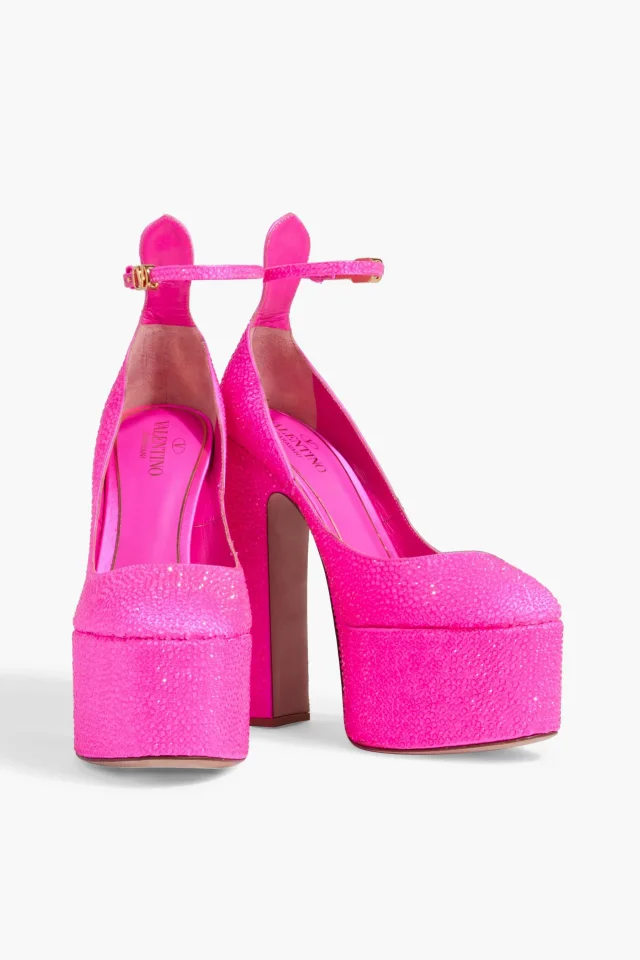 Valentino Garavani VLOGO Crystal-Embellished Satin Platform Pumps in Bright pink, photo 2 of 4 from THE OUTNET