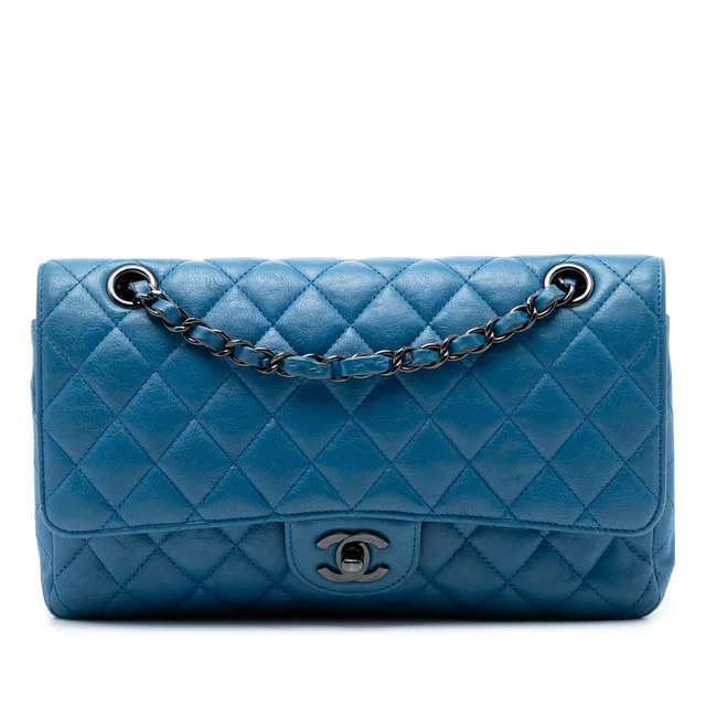 Blue Chanel Medium Classic Calfskin Double Flap Shoulder Bag in Blue Calfskin from Designer Revival