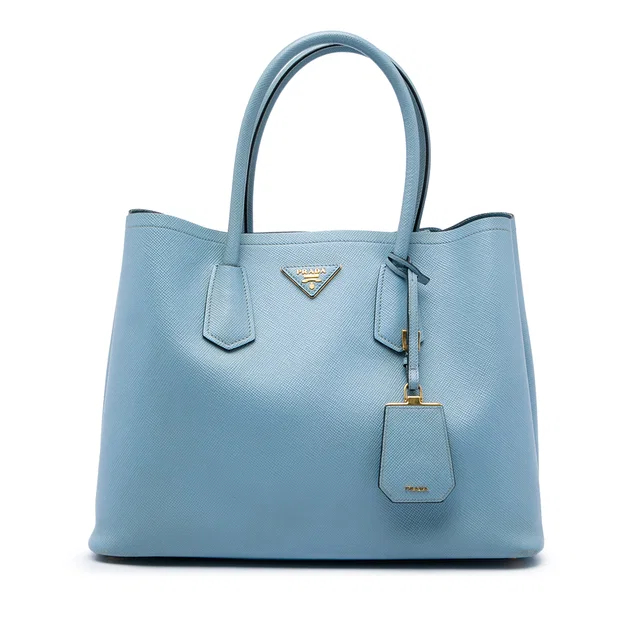 Blue Prada Large Saffiano Cuir Double Satchel in Blue Saffiano leather from Designer Revival
