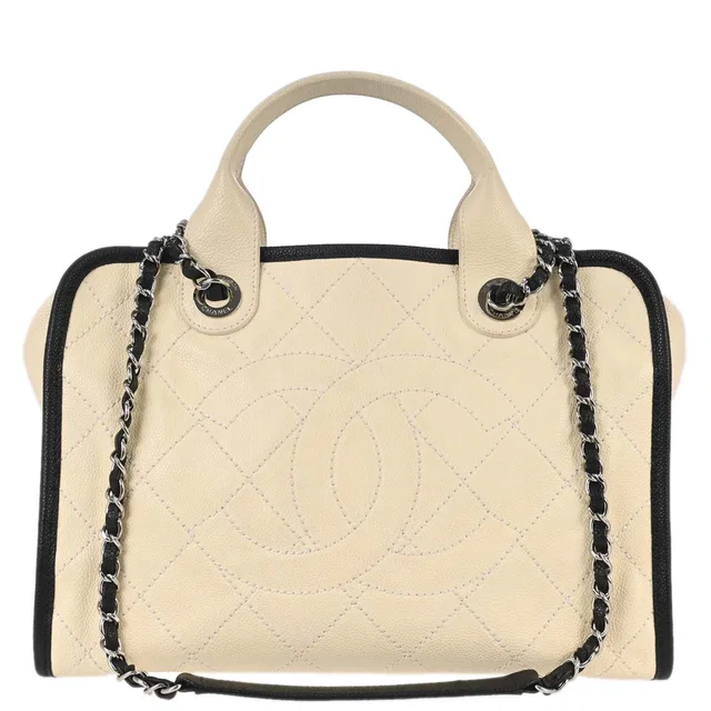 Chanel 2014-2015 Ivory Calfskin Deauville Bowling Bag 2way Shoulder Handbag in White Calfskin from AMORE Vintage Tokyo