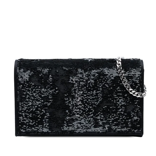 Black Saint Laurent Sequin Monogram Kate Wallet on Chain Crossbody Bag in Black Leather from Designer Revival