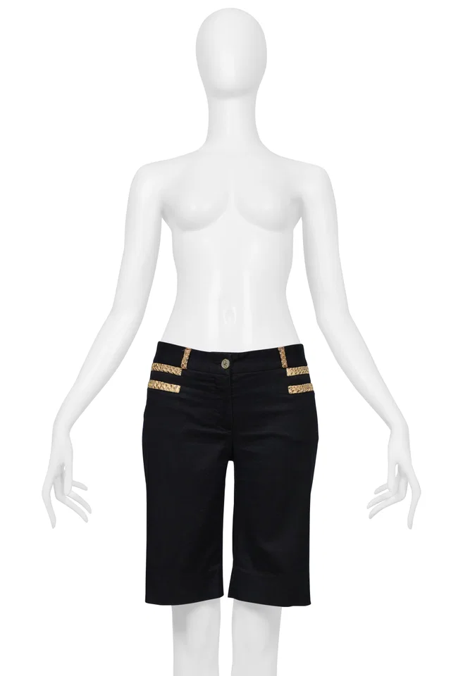 Dolce & Gabbana Black Cotton Bermuda Shorts With Python-effect Leather Trim in Black Python from Resurrection Vintage