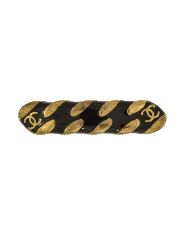 Chanel Vintage AW 1997 Black Enamel and Brass Chain Hair Clip Barrette in Black from Amarcord Vintage Fashion