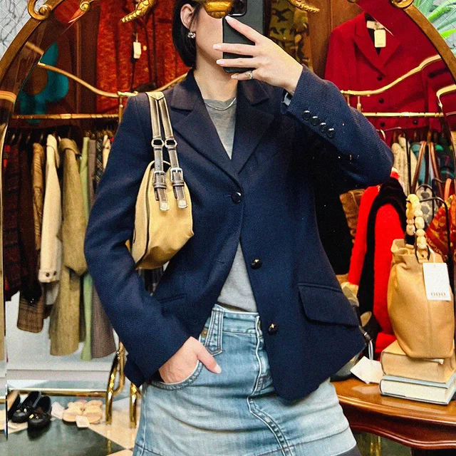 Ferragamo Wool Logo Button Tailored Jacket #42 Navy in Navy Wool from VINTAGE QOO TOKYO