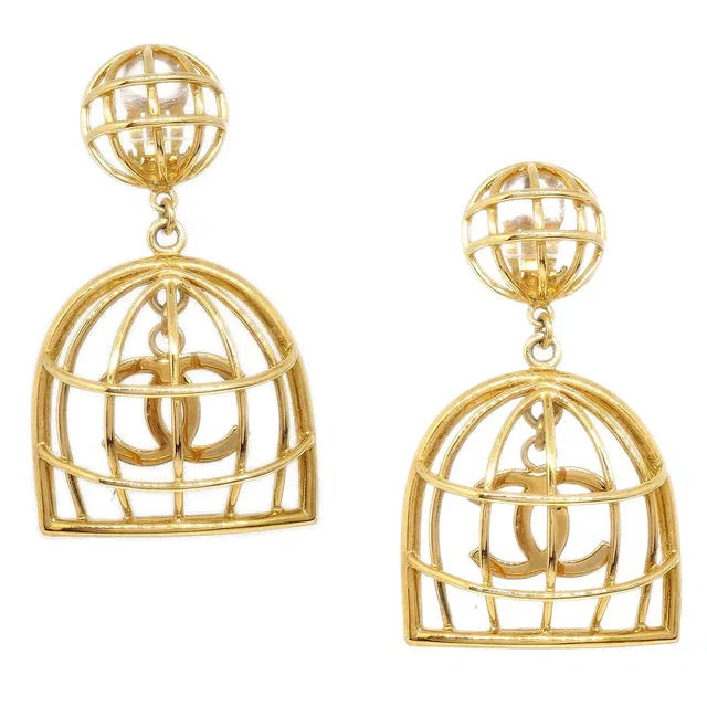 Chanel 1993 Birdcage Dangle Earrings Clip-On Gold in Gold from AMORE Vintage Tokyo