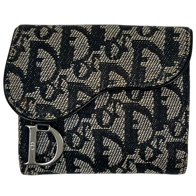 Dior Bifold Wallet Trotter Pattern Saddle Shape Snap Canvas Black in Black Canvas from The Reluxe