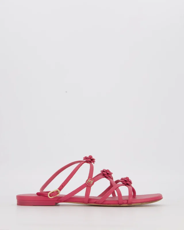 Chanel Magenta Leather Camellia Sandals with CC Logo Detail Size EU 37C in Leather from Sellier