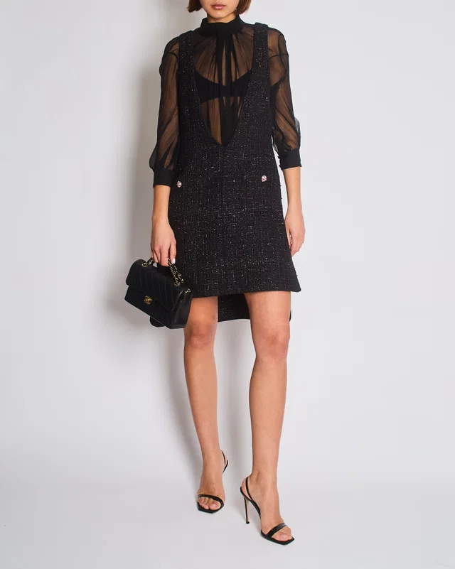 Chanel Resort 2024 Black Embellished Mini Dress with Pink Metallic Details and Crystal CC Logo… in Black Silk from Sellier