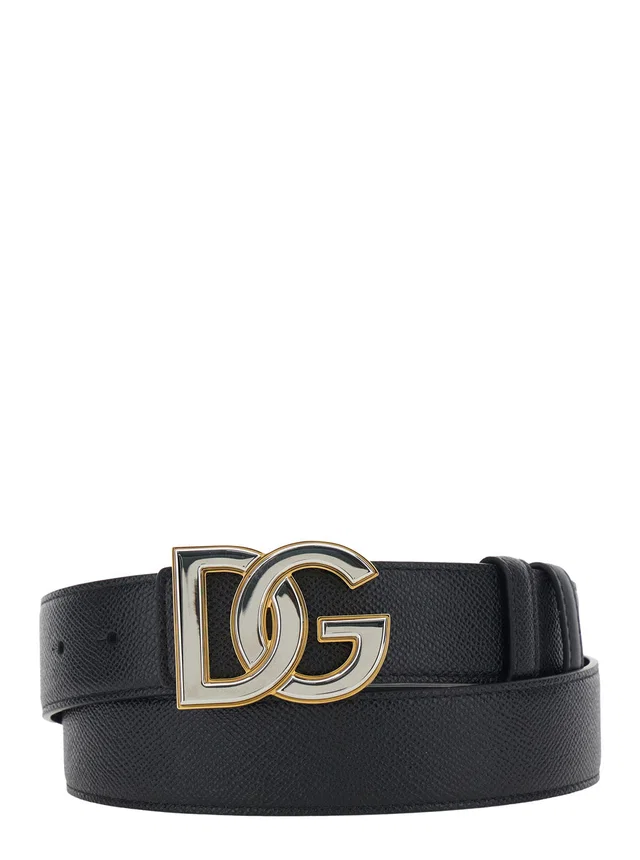 Dolce & Gabbana Logo-Buckle Calf Leather Belt — Black in Black Calfskin from HEWI