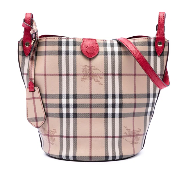 Red Burberry Haymarket Check Coated Canvas Lorne Bucket Bag in Red Coated canvas from Designer Revival