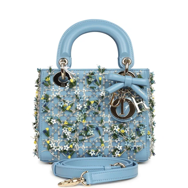 Mini Lady Dior Bag "3D Garden" Blue Multi Embellished Lambskin Light Gold Hardware in Blue Lambskin from Madison Avenue Couture