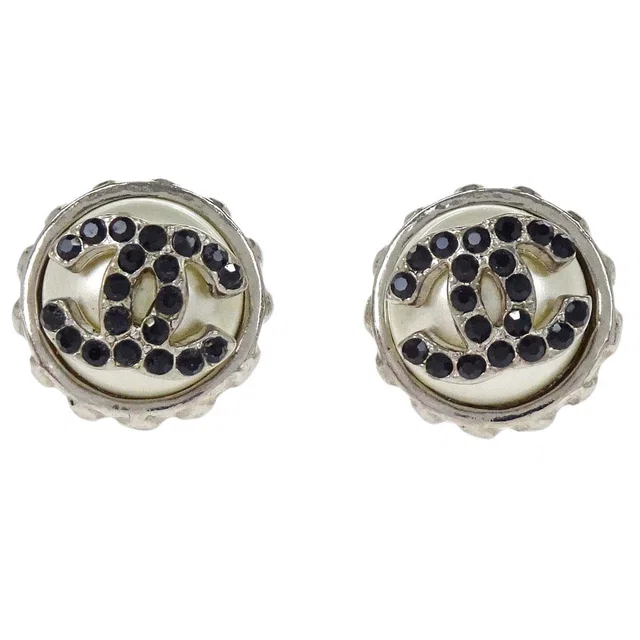 Chanel Button CC Pierced Earrings Silver Rhinestone 02C in Silver from AMORE Vintage Tokyo