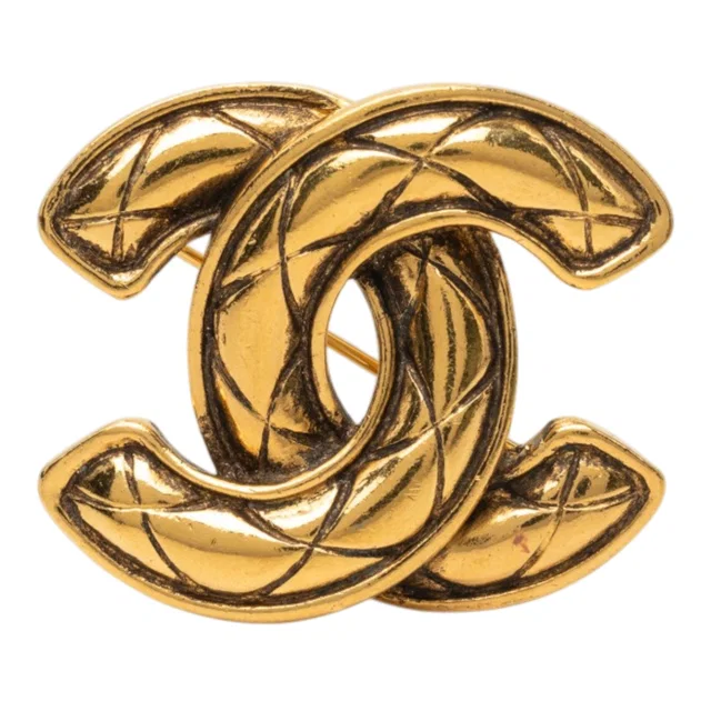 Gold Chanel CC Gold Plated Quilted Brooch in Gold from Designer Revival