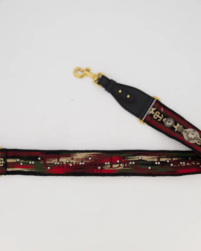 Dior Embroidered Studded Red and Green Bohemian Shoulder Strap with Mixed Metal Hardware in Red Canvas from Sellier, photo 2 of 4
