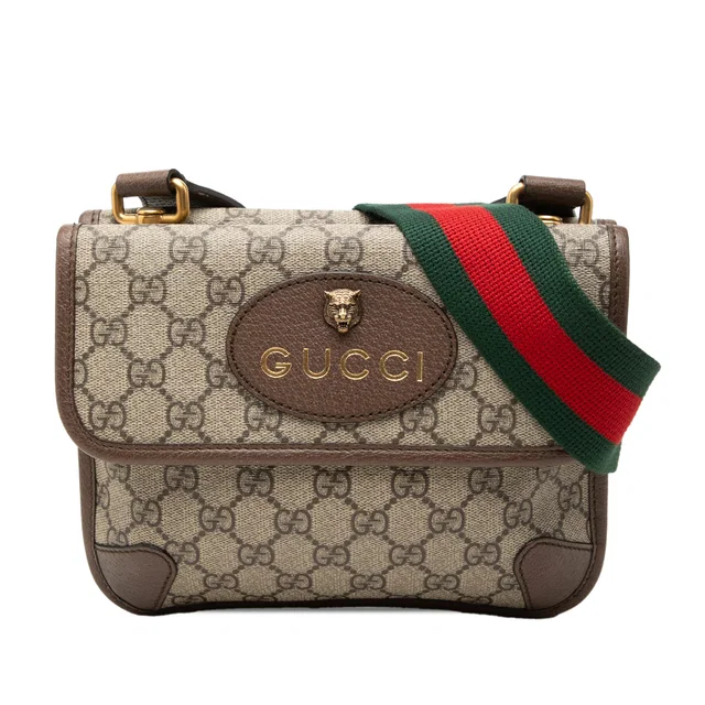 Gucci Small GG Supreme Web Neo Vintage Double Flap Messenger Bag in Beige Coated canvas from Designer Revival