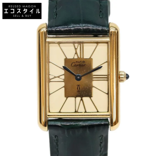 Cartier Must Tank LM Vermeil Cloisonne Dial Watch in Crocodile from The Reluxe