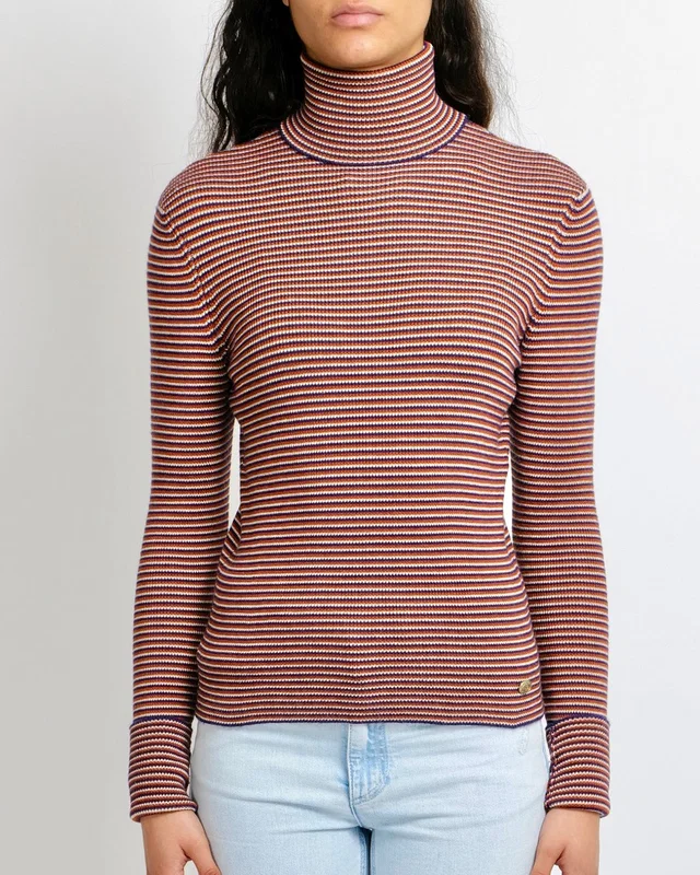 Chanel Red, White and Blue Cashmere Striped High-Neck Jumper with Gold CC Logo Button Detail Size FR… in White Cashmere from Sellier