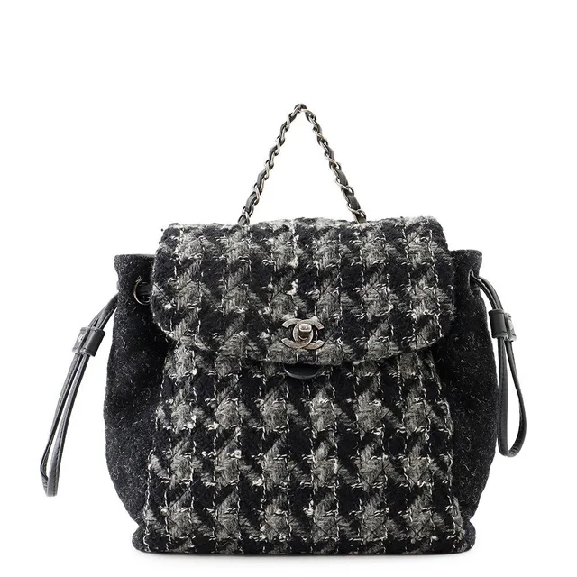 Chanel Backpack CC Logo Chain Tweed Black in Black Tweed from The Reluxe