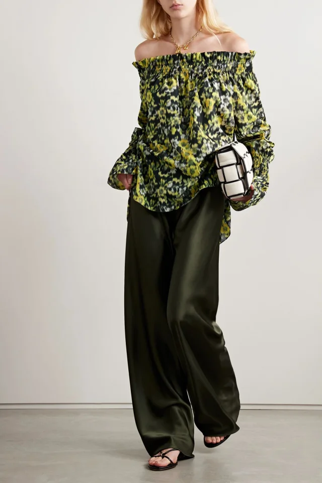 Adam Lippes Sade Off-the-Shoulder Shirred Floral-Print Taffeta Top in Green, photo 2 of 4 from THE OUTNET