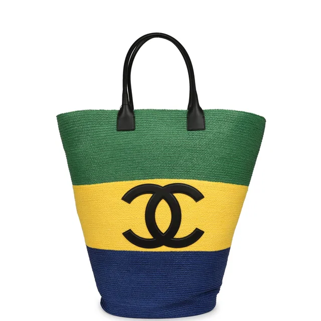Chanel Maxi Coco Beach Large Shopping Bag Green, Yellow, Blue Raffia and Black Calfskin in Black Calfskin from Madison Avenue Couture