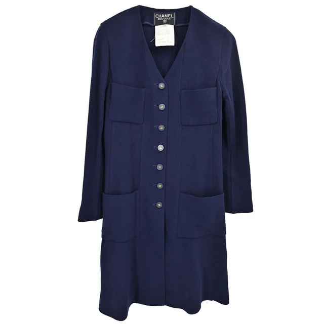 Chanel 1994 Collarless Coat Navy #40 in Navy Wool from AMORE Vintage Tokyo