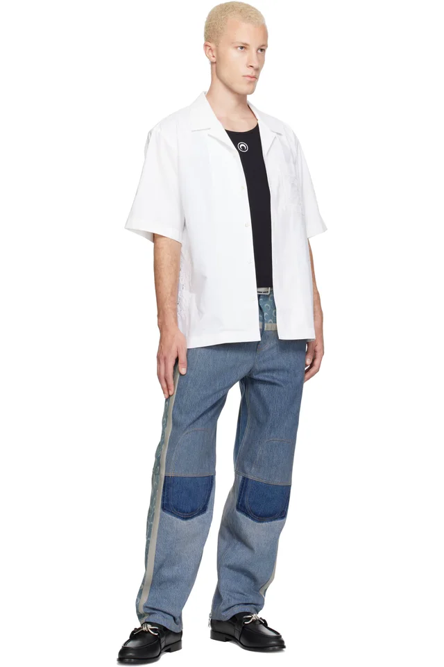 Marine Serre Blue Regenerated Denim Belted Baggy Jeans, photo 4 of 4 from SSENSE