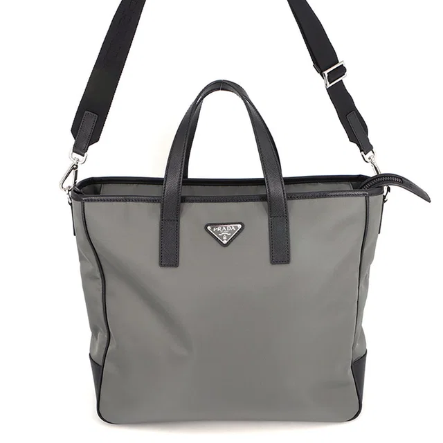 Prada Triangle Logo 2-Way Tote Gray/Black2VG064 Nylon Saffiano LeatherLeather in Grey Saffiano leather from GALLERY RARE