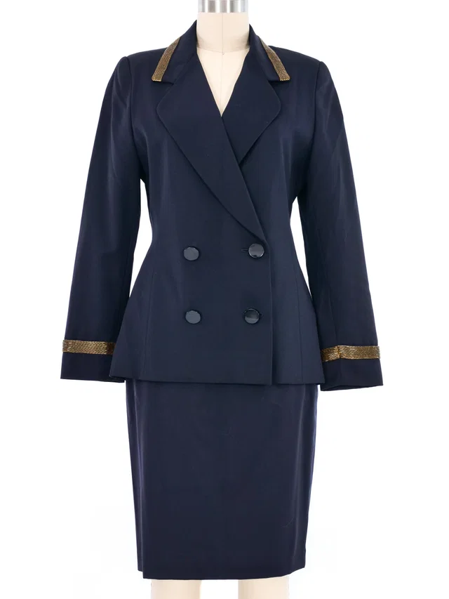 Escada Bead Trimmed Navy Skirt Suit in Navy Satin from Arcade Vintage