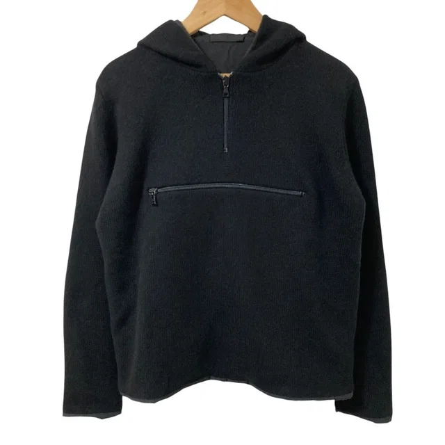 Prada Vintage Front Pocket Cashmere Knit Half Zip Pullover Hoodie 40 Black in Black Cashmere from The Reluxe
