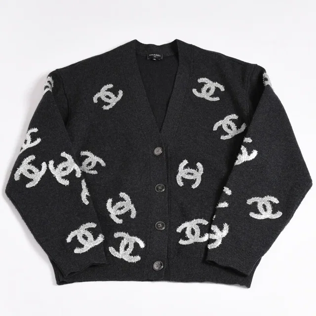 Chanel Knit Cardigan CC Logo Glitter Charcoal 38 in Cashmere from The Reluxe