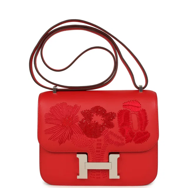 Hermès Constance 18 "Dancing Flowers" Rouge De Coeur Embroidered Swift Palladium Hardware in Red Swift leather from Madison Avenue Couture