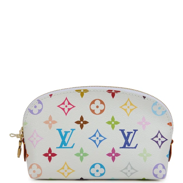 Louis Vuitton X Takashi Murakami Cosmetic Pouch PM White Multicolored Monogram Gold Hardware in White Coated canvas from Madison Avenue Couture