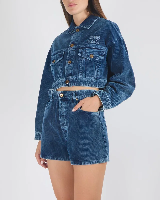 Miu Miu Navy Washed Velvet Cropped Jacket and Mini High-Waisted Shorts Sett with Embroided Logo Detail… in Navy Velvet from Sellier