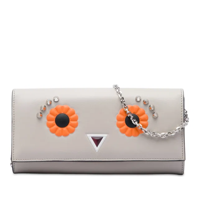 Beige Fendi Leather Studded Faces Wallet on Chain Crossbody Bag in Beige Leather from Designer Revival