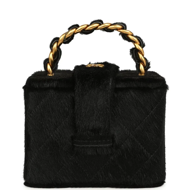 Chanel Vintage Square Vanity Box Black Pony Hair Antique Gold Hardware in Black Leather from Madison Avenue Couture