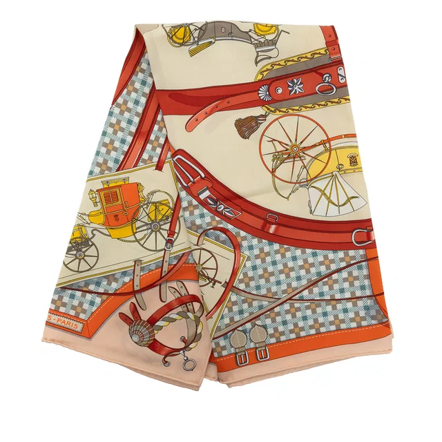Beige Hermès Les Voitures Nouvelles Silk Scarf 65 Scarves in Beige Silk from Designer Revival
