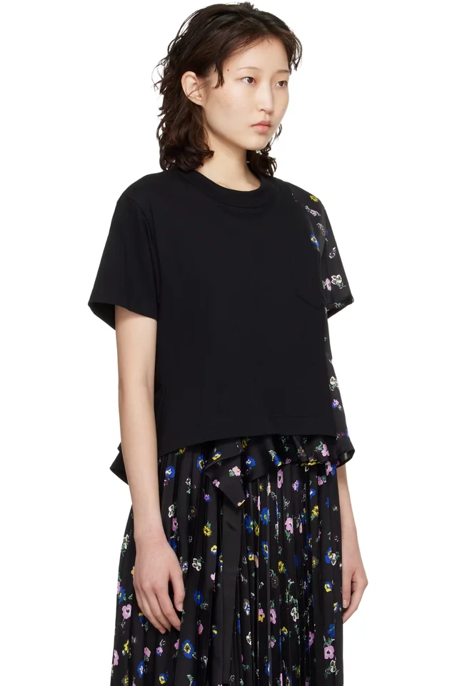 sacai Black Floral Print T-shirt, photo 2 of 4 from SSENSE