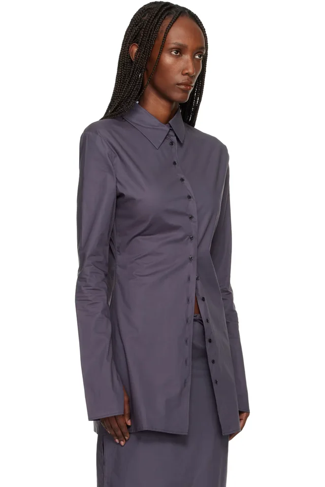 BAMBOU ROGER KWONG Gray Cotton Poplin Fitted Cuffless Shirt, photo 2 of 3 from SSENSE