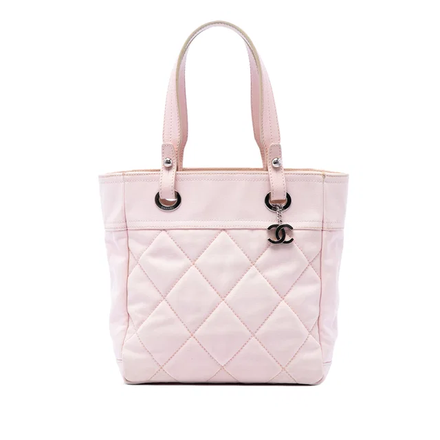 Pink Chanel Small Quilted Canvas Paris Biarritz Tote in Pink Canvas from Designer Revival