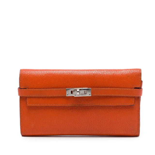 Orange Hermès Chevre Mysore Kelly Longue Wallet Long Wallets in Orange Goatskin from Designer Revival