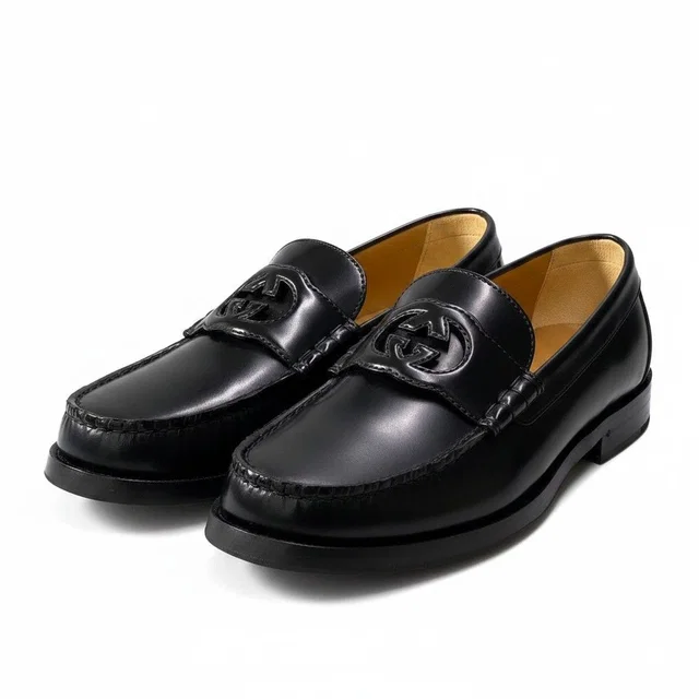 Gucci E4 Interlocking GG Logo Loafers Shoes Dress Slip Ons Black Leather 8.5 in Black Leather from The Reluxe