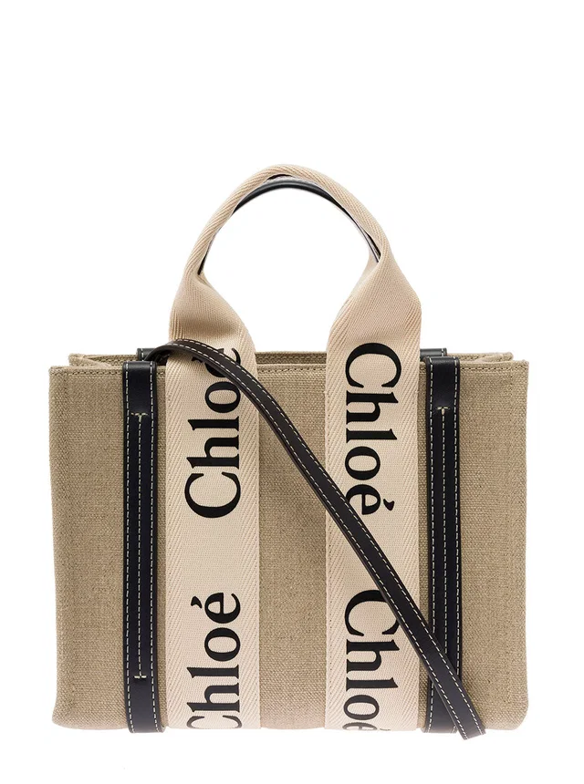 Chloé Woody Tote Bag — Beige Linen in Beige Leather from HEWI