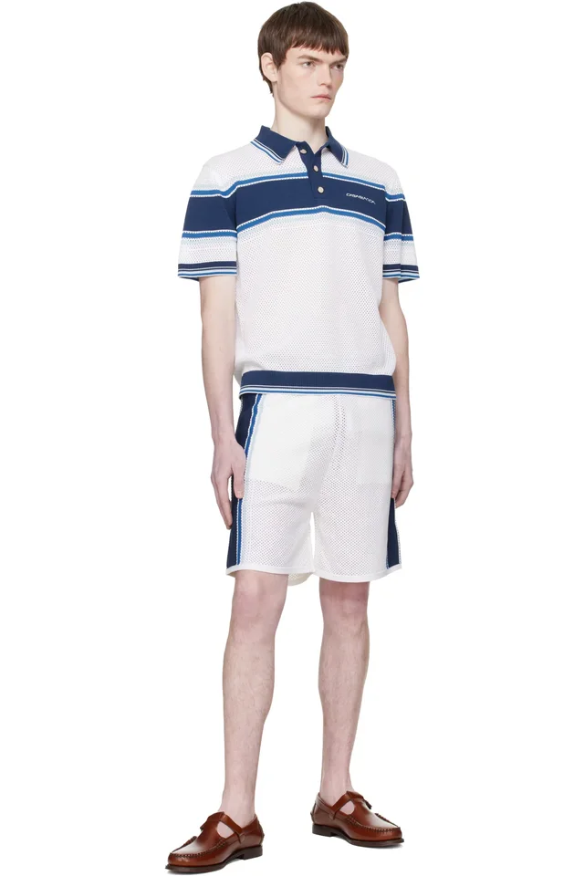 Casablanca Off-White & Blue Striped Mesh Track Shorts, photo 4 of 4 from SSENSE