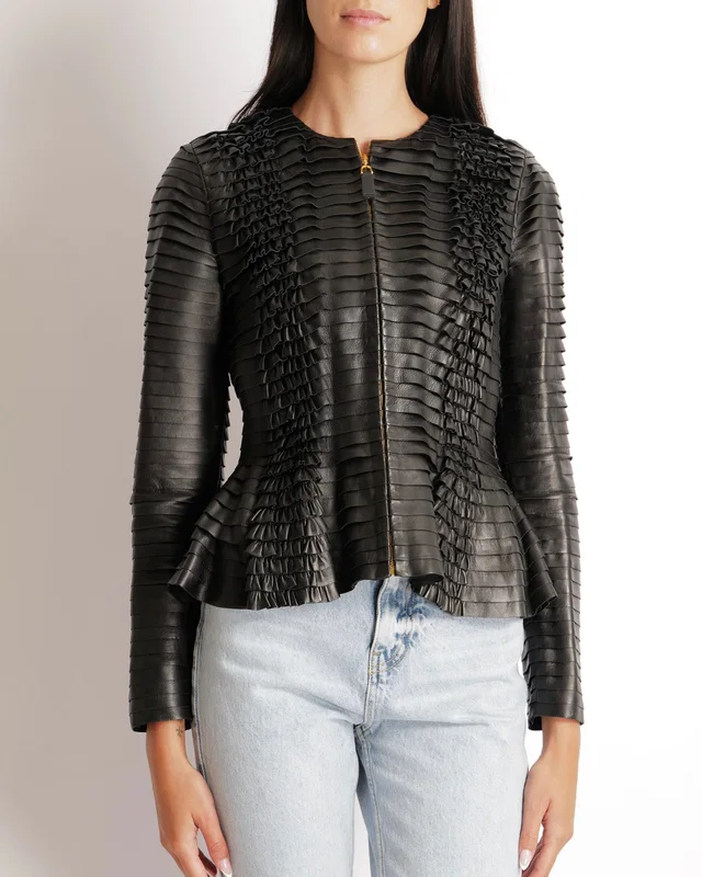 Gucci Black Leather Tiered Long-Sleeved Jacket with Ruffle Details and Gold Zipper Size IT 40 (UK 8) in Black Leather from Sellier