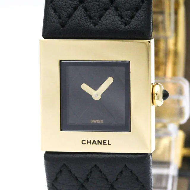 Chanel Matelasse 18K Gold Leather Quartz Ladies Watch H0109 Polished in Black Leather from Elady