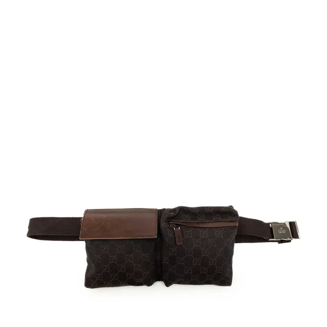 Brown Gucci GG Canvas Double Pocket Belt Bag in Brown Canvas from Designer Revival