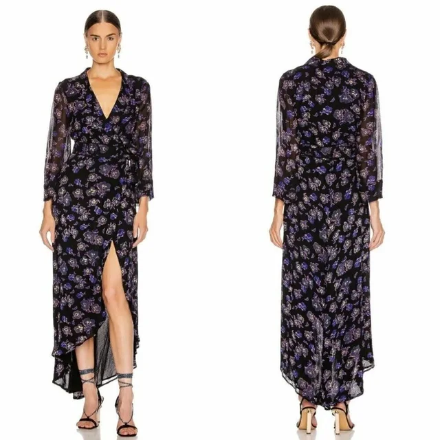 GANNI Floral Print Georgette Wrap Dress in black from Poshmark