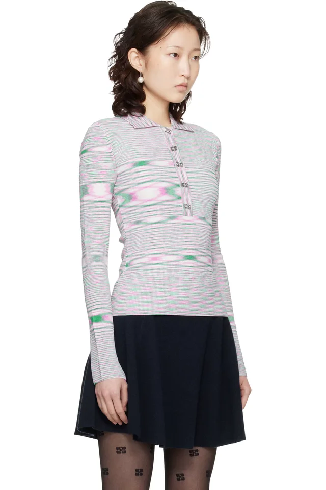 GANNI Pink & Green Spacedyed Knit Polo, photo 2 of 4 from SSENSE
